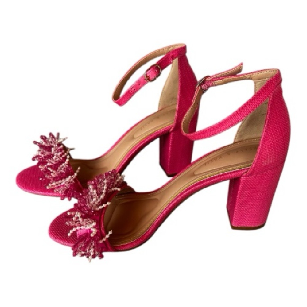 Kelly & Katie Hasana Fringed Chunky Block Heel Sandal Pink & White